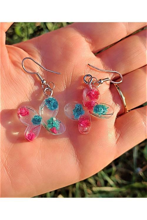 Epoksi Kelebek Küpe – Canlı Çiçek Detaylı