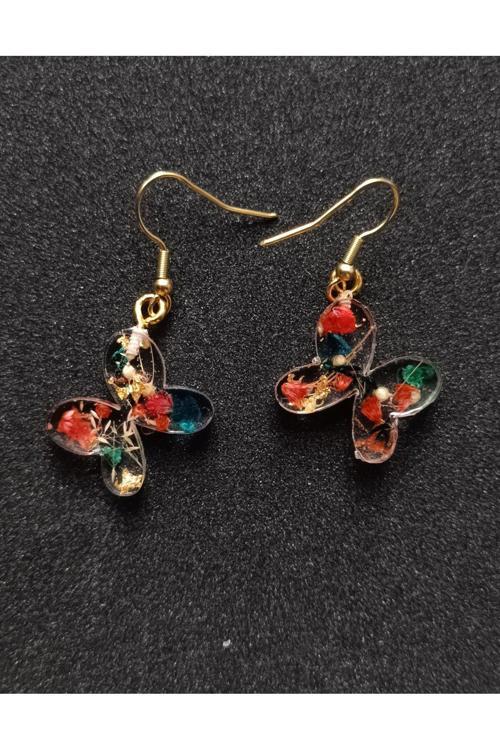 Epoksi Kelebek Küpe – Canlı Çiçekli