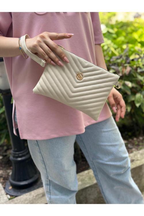 Kadın Suni Deri Krem Renkli Ayarlanabilir Çapraz Ve El Askılı Portföy, Clutch Çanta