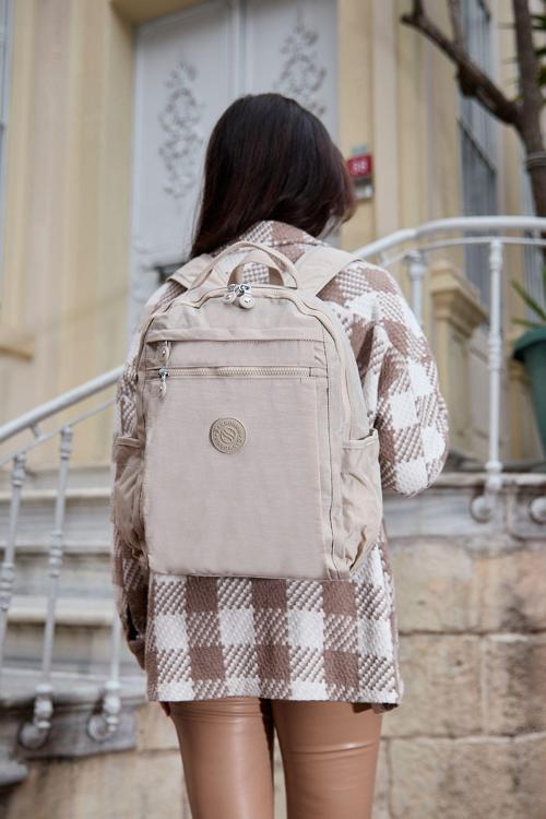 Unisex Suya Dayanıklı Krinkıl Kumaş Çok Gözlü Krem Laptop Okul Ve Sırt Çantası