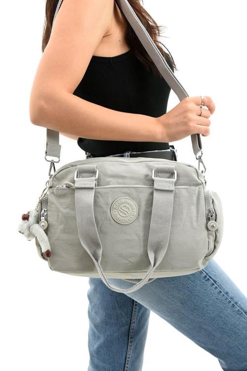 Unisex Krinkıl Kumaş Açık Gri Renkli Omuz Ve Çapraz Askılı Çanta