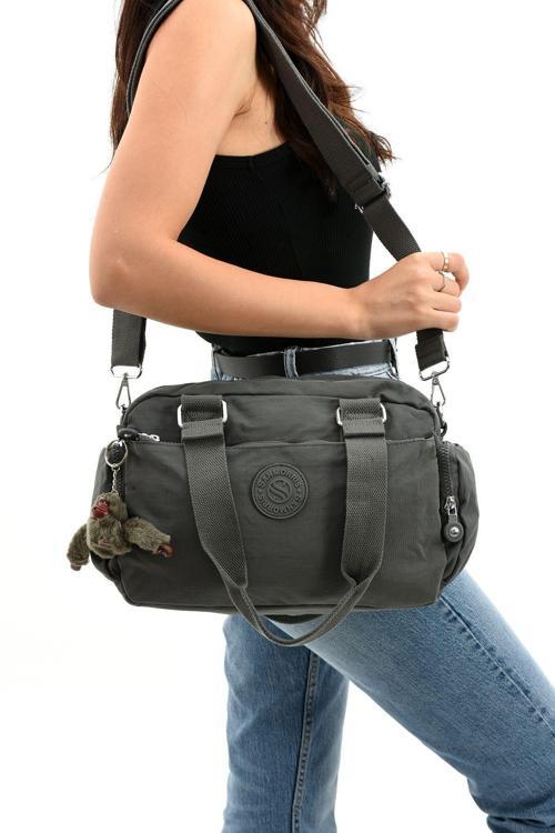Unisex Krinkıl Kumaş Koyu Gri Renkli Omuz Ve Çapraz Askılı Çanta