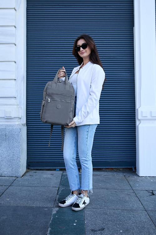Unisex Suya Dayanıklı Orta Boy Krinkıl Kumaş Çok Gözlü Koyu Gri Laptop Okul Ve Seyahat Sırt Çantası
