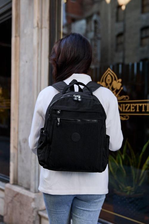 Unisex Suya Dayanıklı Krinkıl Kumaş Çok Gözlü Siyah Laptop Okul Ve Sırt Çantası