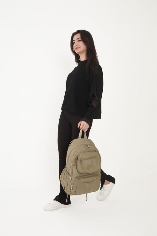 Unisex Suya Dayanıklı Krinkıl Kumaş Çok Gözlü Bej Laptop Okul Ve Sırt Çantası