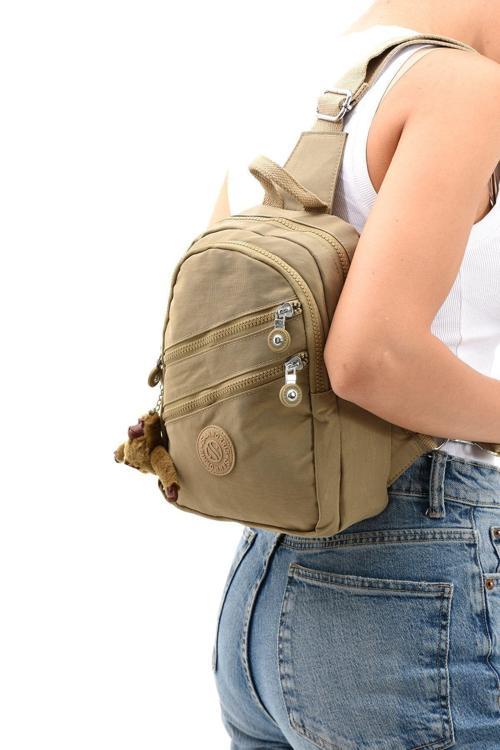 Unisex Kırinkıl Kumaş Bej Renkli Suya Dayanıklı Ayarlanabilir Askılı Çok Bölmeli Omuz Çanta Body Bag
