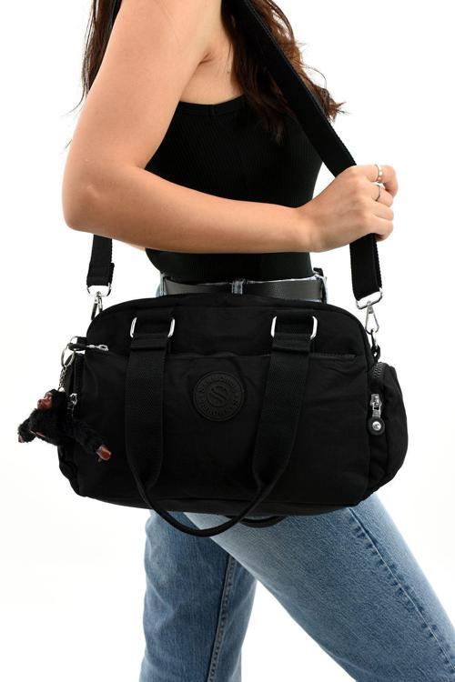 Unisex Krinkıl Kumaş Omuz Ve Çapraz Askılı Siyah Renkli Çanta