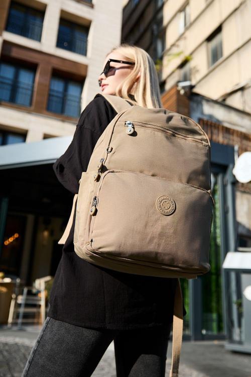Unisex Suya Dayanıklı Orta Boy Krinkıl Kumaş Çok Gözlü Bej Laptop Okul Ve Seyahat Sırt Çantası