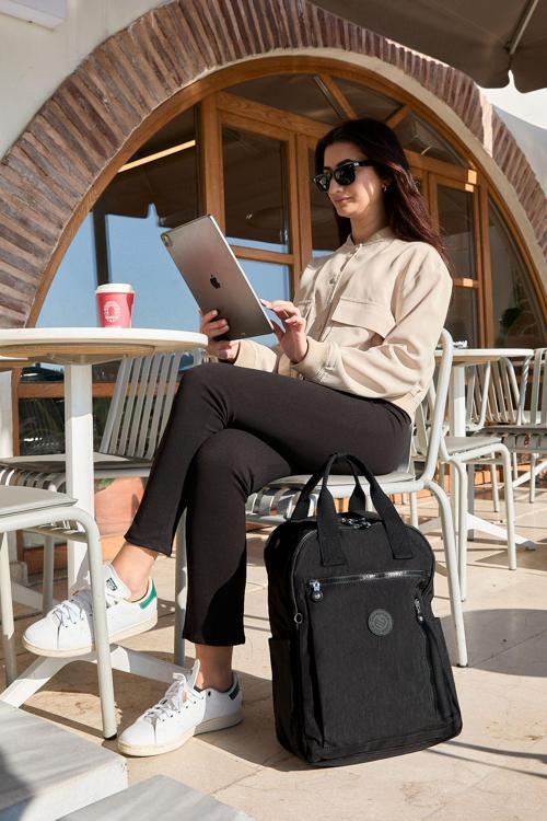 Unisex Suya Dayanıklı Krinkıl Kumaş Çok Gözlü Siyah Laptop Okul Ve Sırt Çantası