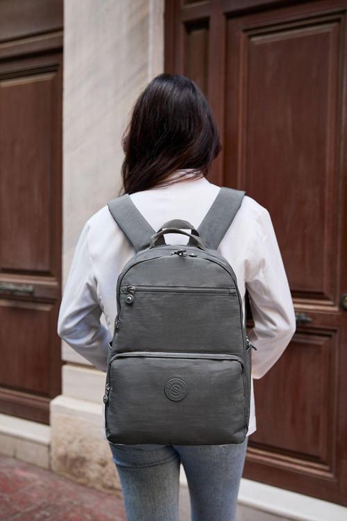 Unisex Suya Dayanıklı Orta Boy Krinkıl Kumaş Çok Gözlü Koyu Gri Laptop Okul Ve Seyahat Sırt Çantası