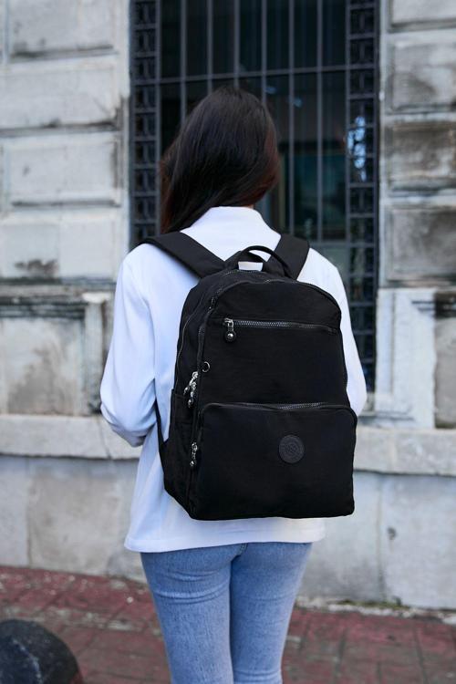 Unisex Suya Dayanıklı Orta Boy Krinkıl Kumaş Çok Gözlü Siyah Laptop Okul Ve Seyahat Sırt Çantası