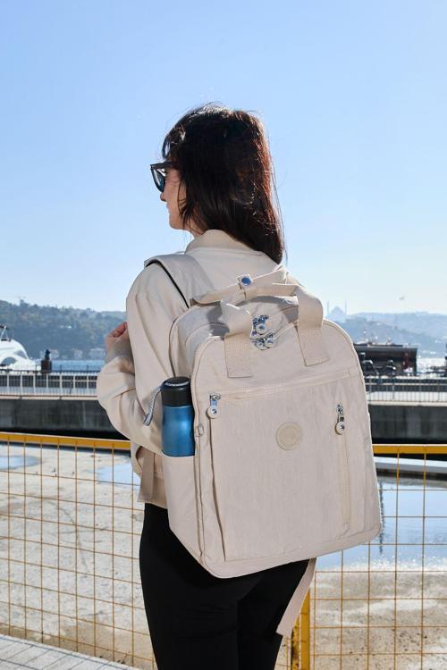 Unisex Suya Dayanıklı Krinkıl Kumaş Çok Gözlü Krem Laptop Okul Ve Sırt Çantası