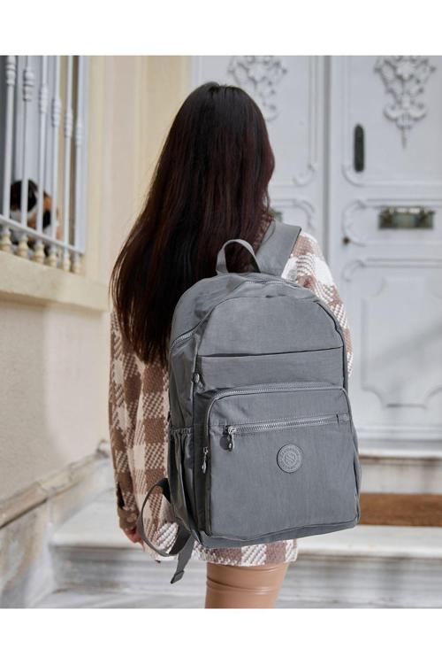 Unisex Suya Dayanıklı Büyük Boy Krinkıl Kumaş Çok Gözlü Koyu Gri Laptop Okul Ve Seyahat Sırt Çantası