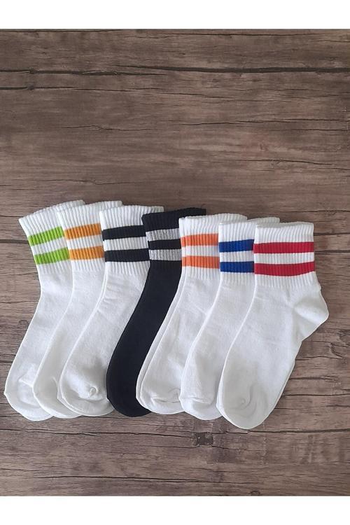 Unisex Beyaz Çizgili Pamuklu Yarım Konç Çorap 7'Li Paket Rahat Ve Şık