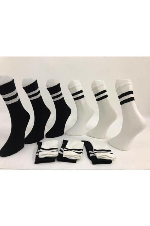 Aymiray Çorap Unisex 6' Lı Siyah Beyaz Uzun Çizgili Tenis Çorabı
