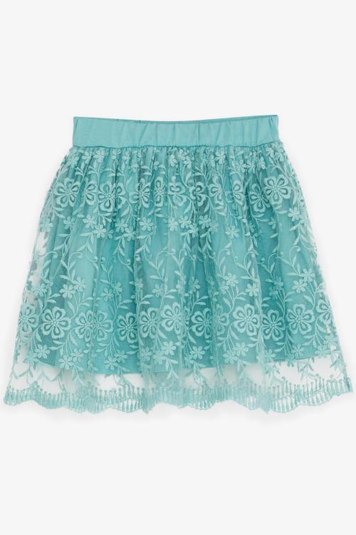 Kız Çocuk Etek Çiçek Nakışlı Tüllü Beli Lastikli 5-9 Yaş, Mint Yeşili