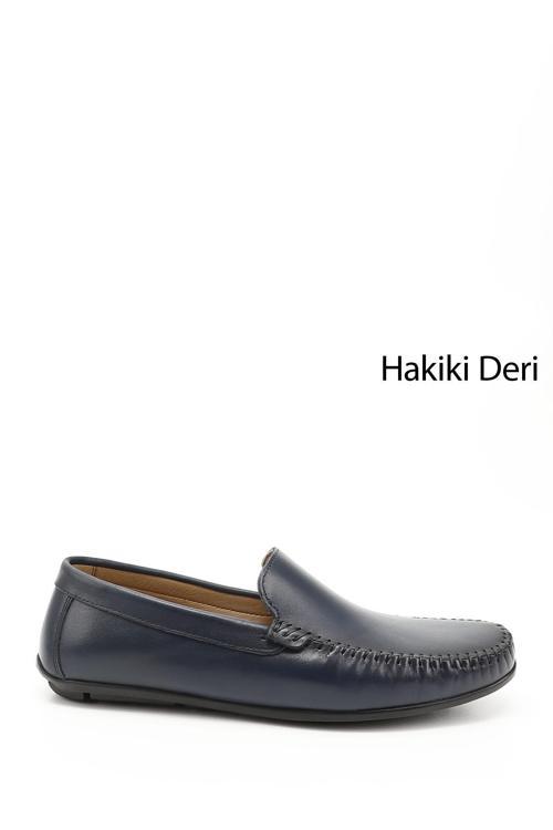 Erkek Lacivert Antik Rok Hakiki Deri Loafer Ayakkabı