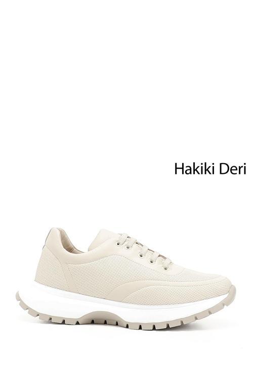 Kadın Bej Lastik Bağcıklı Hakiki Deri Sneaker