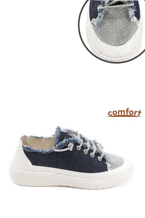 Kadın Lacivert Kot Triko Taşlı Comfort Sneaker