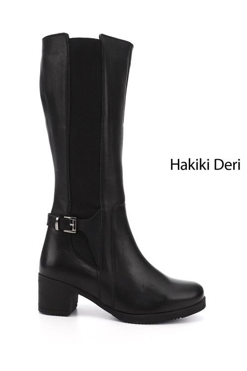 Kadın Siyah Fermuarlı Kalın Topuklu Hakiki Deri Çizme