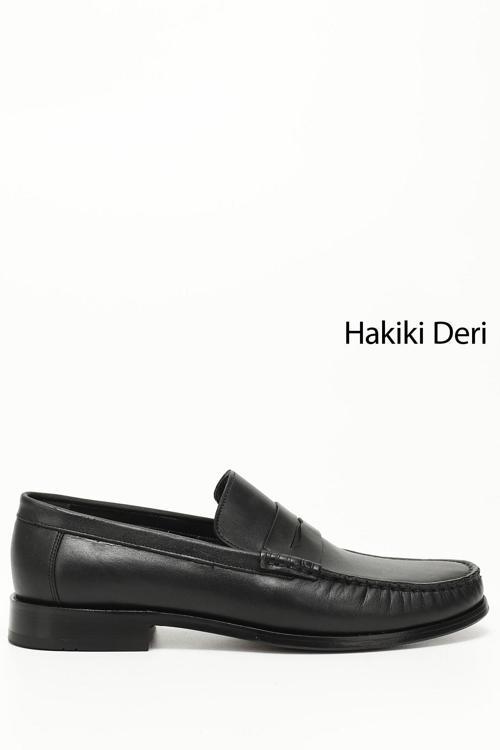 Erkek Siyah Kösele Taban Hakiki Deri Loafer Ayakkabı