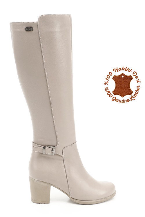 Kadın Bej Fermuarlı Kalın Topuklu Hakiki Deri Çizme