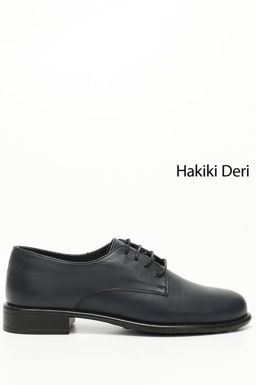 Kadın Lacivert Antik Bağcıklı Hakiki Deri Oxford Ayakkabı