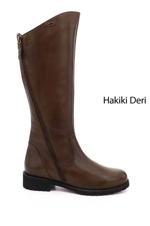 Kadın Kahve Antik Çift Fermuarlı Kauçuk Taban Hakiki Deri Çizme