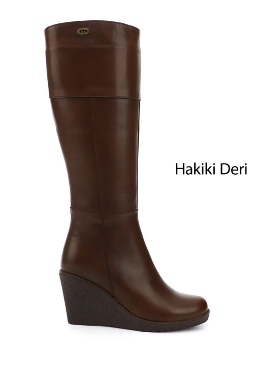 Kadın Kahve Antik Fermuarlı Dolgu Topuklu Hakiki Deri Çizme