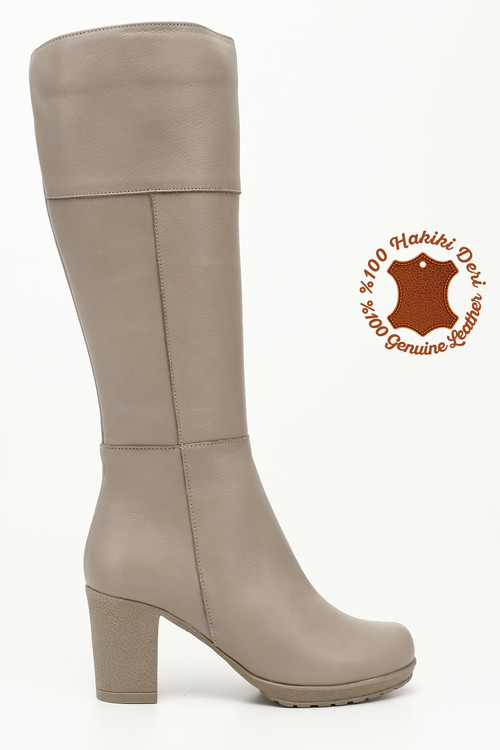 Kadın Bej Fermuarlı Kalın Topuklu Hakiki Deri Çizme