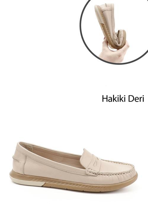 Kadın Bej Antik Rok Hakiki Deri Comfort Loafer