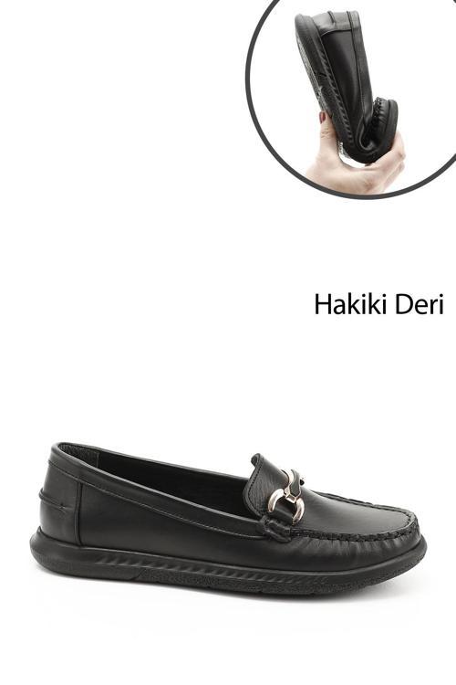 Kadın Siyah Tokalı Rok Hakiki Deri Comfort Loafer