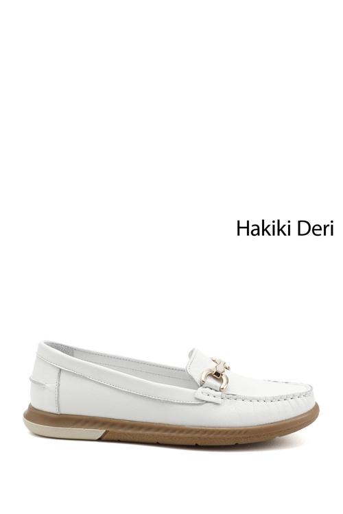 Kadın Beyaz Tokalı Rok Hakiki Deri Comfort Loafer