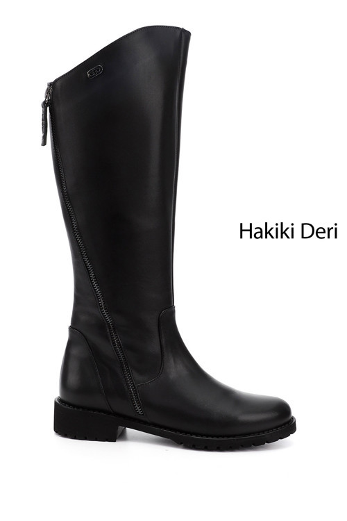 Kadın Siyah Çift Fermuarlı Kauçuk Taban Hakiki Deri Çizme