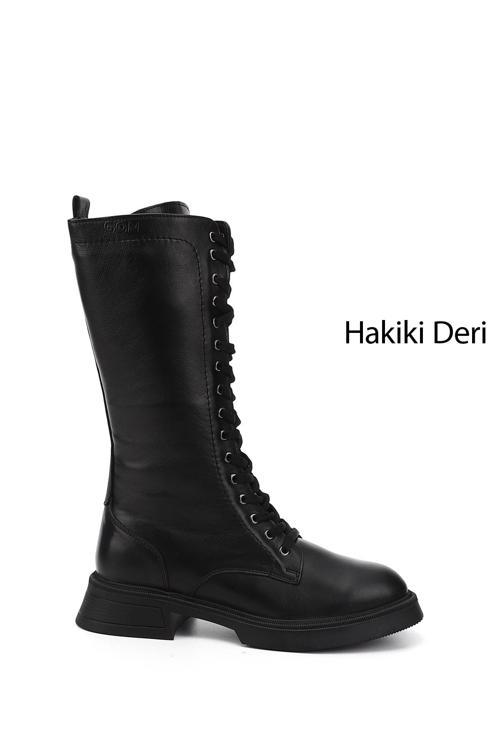 Kadın Siyah Fermuarlı Kalın Topuklu Hakiki Deri Postal Çizme