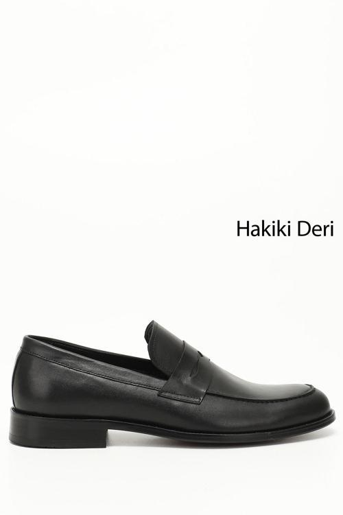 Erkek Siyah Kösele Taban Hakiki Deri Loafer Ayakkabı