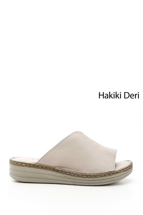 Kadın Bej Dolgu Topuk Hakiki Deri Comfort Terlik