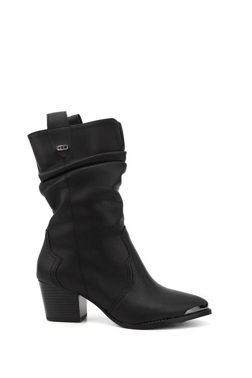 Kadın Siyah Sivri Burun Kalın Topuklu Kovboy Çizme