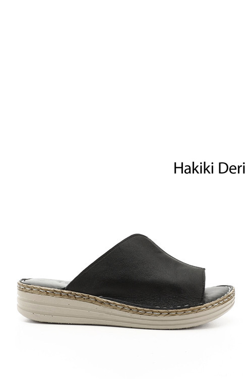 Kadın Siyah Dolgu Topuk Hakiki Deri Comfort Terlik