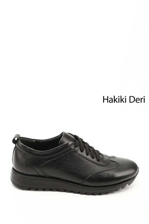 Erkek Siyah Hakiki Deri Bağcıklı Sneaker