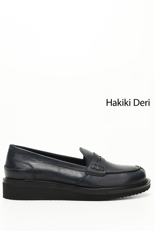Kadın Lacivert Antik Dolgu Taban Hakiki Deri Loafer Ayakkabı