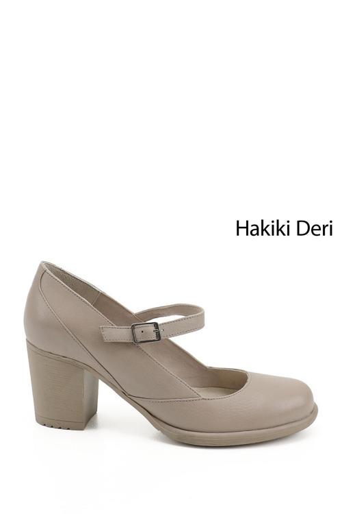 Kadın Bej Kalın Topuklu Mary Jane Hakiki Deri Ayakkabı
