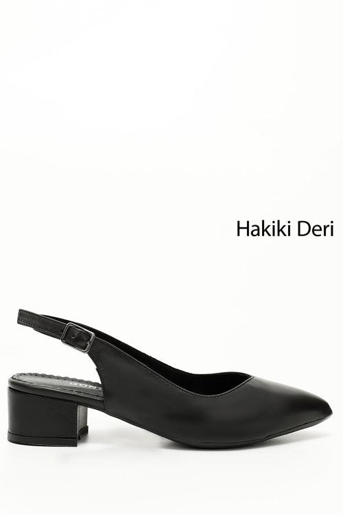 Kadın Siyah Kalın Topuklu Arkası Açık Hakiki Deri Ayakkabı
