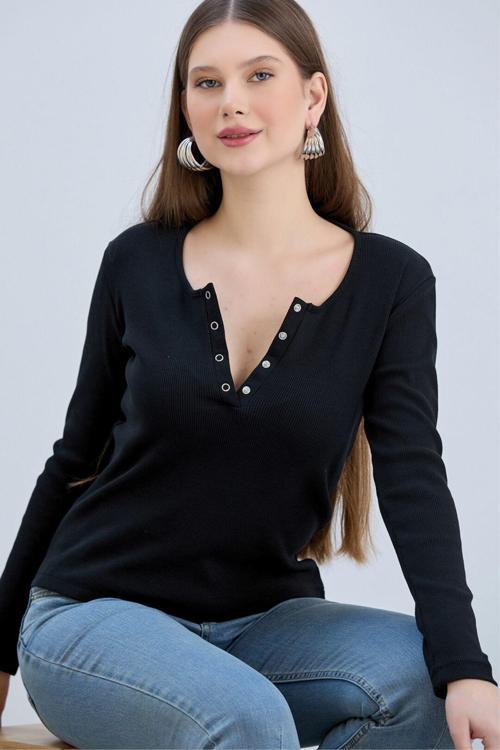 Siyah Kaşkorse Yakası Çıtçıtlı Uzun Kol Bluz