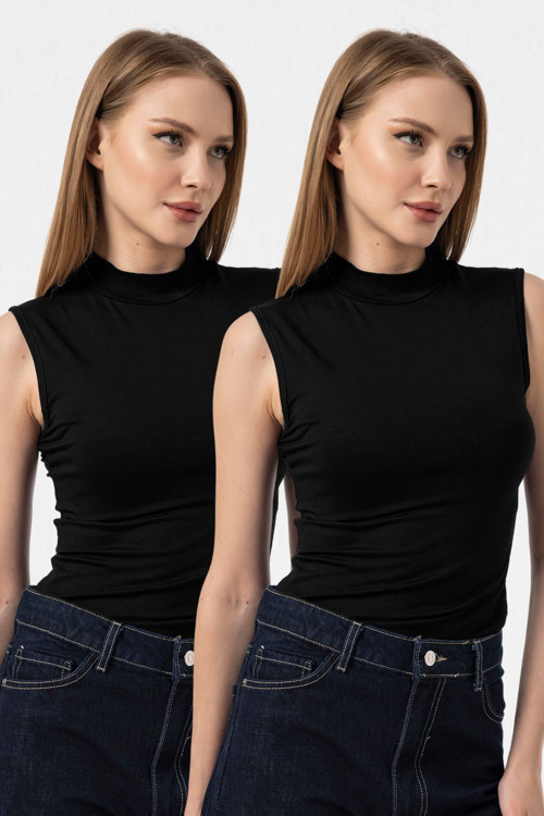 Siyah Siyah 2'Li Kolsuz Body Bluz