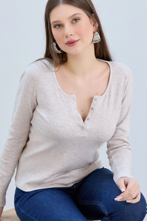 Taş Kaşkorse Yakası Çıtçıtlı Uzun Kol Bluz