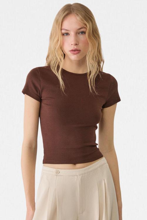 Kahverengi Bisiklet Yaka Basic Ultra Soft %100 Pamuk Kısa Kol Body