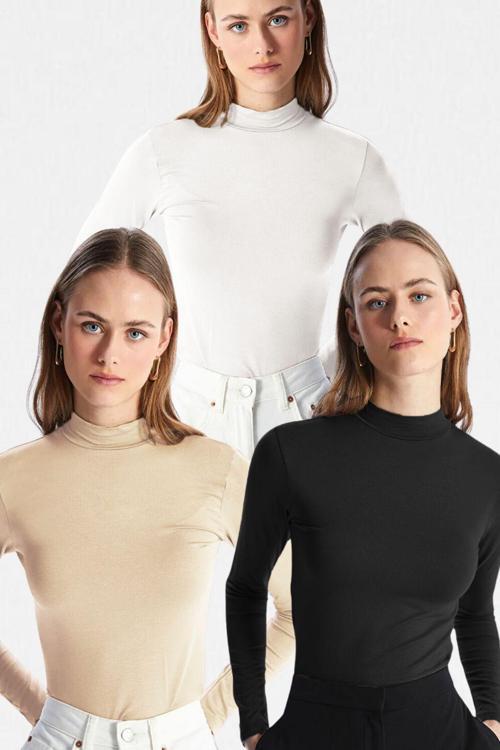 Kadın Siyah Beyaz Bej 3'Lü Dik Yaka Uzun Kol Ultra Soft Body