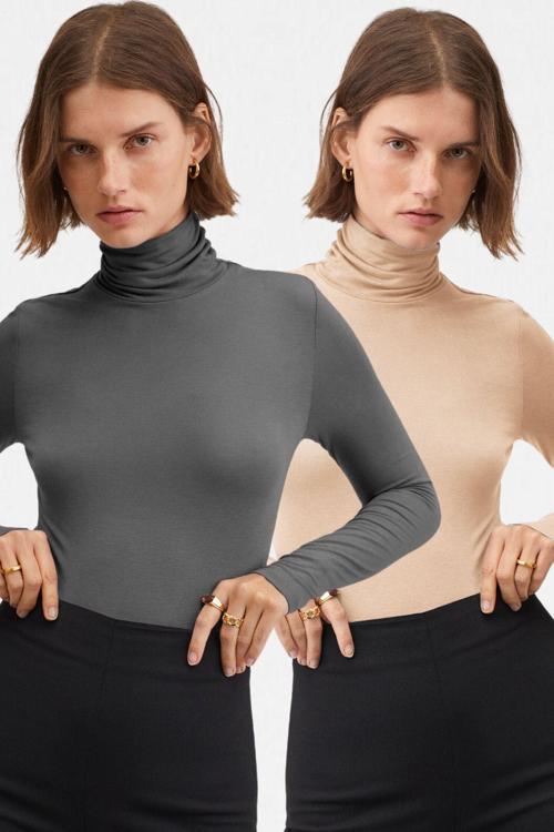 Kadın Antrasit Bej 2'Li Balıkçı Yaka Ultra Soft Bluz