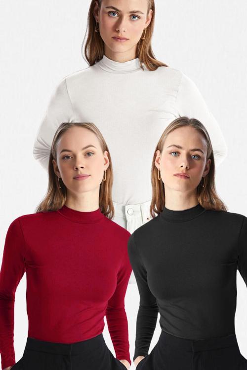 Kadın Siyah Beyaz Bordo 3'Lü Dik Yaka Uzun Kol Ultra Soft Body